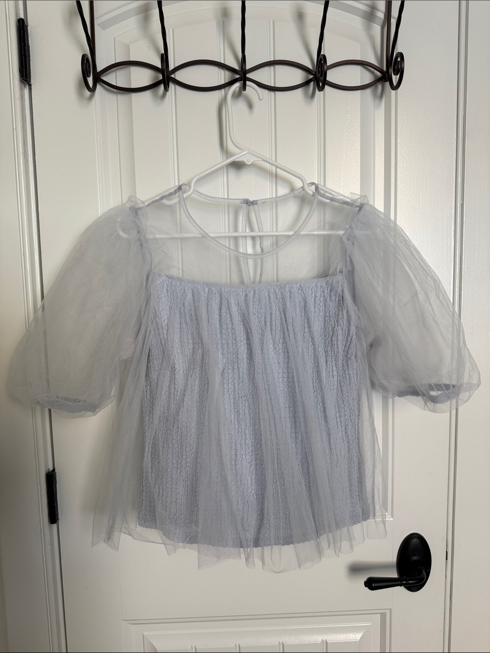Anthropologie Light Blue Tulle Puff-Sleeve Blouse